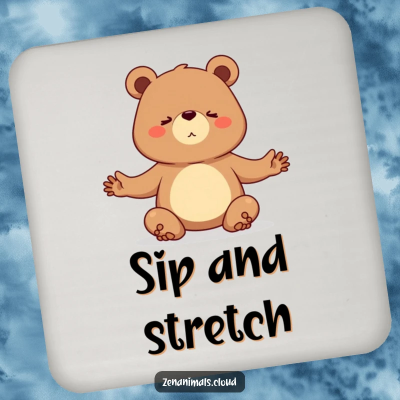 Funny drink coaster featuring a determined bear practicing a challenging yoga pose, adding focus to tabletops.