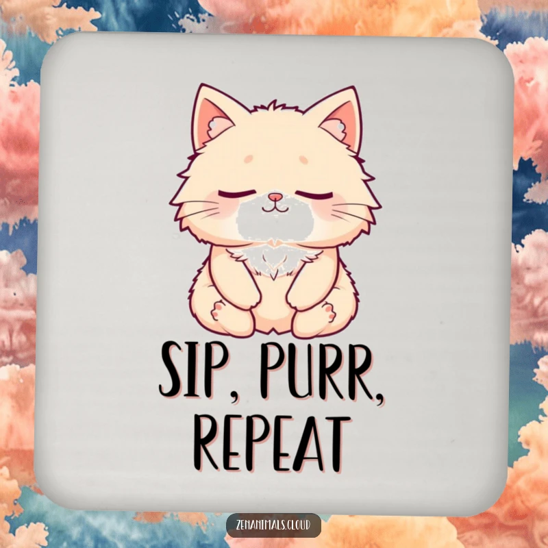 Funny Cat Coasters: A fluffy cat meditating peacefully, eyes closed, with a subtle smile, protecting surfaces with humor.