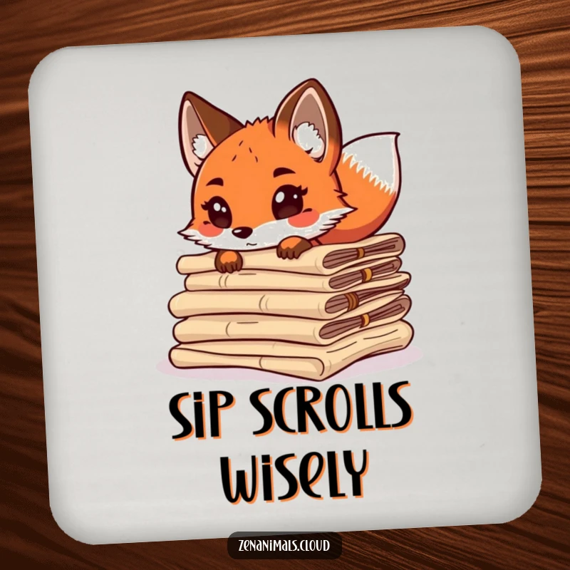 Funny curious fox peeking from behind ancient scrolls, tail wagging, absorbent drink coaster for tables.