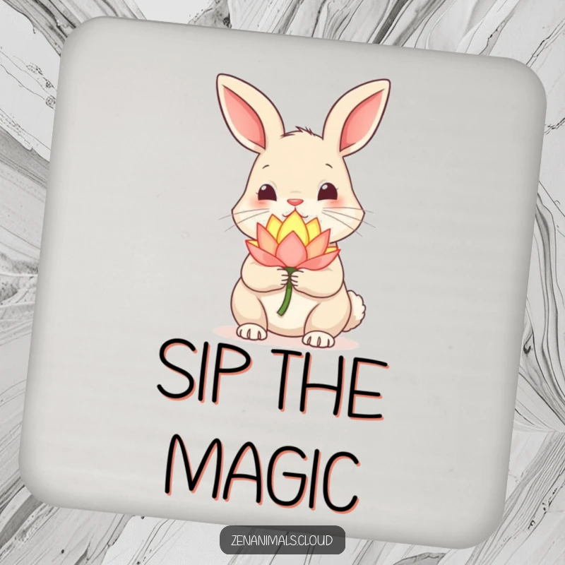 Funny Rabbit Coaster: Curious rabbit holding a glowing lotus flower, nose twitching, protecting surfaces with humor.