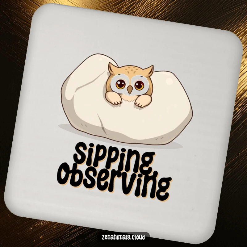 Funny Owl Coasters: A curious owl peeking out from behind a large, smooth stone, protecting surfaces with humor.
