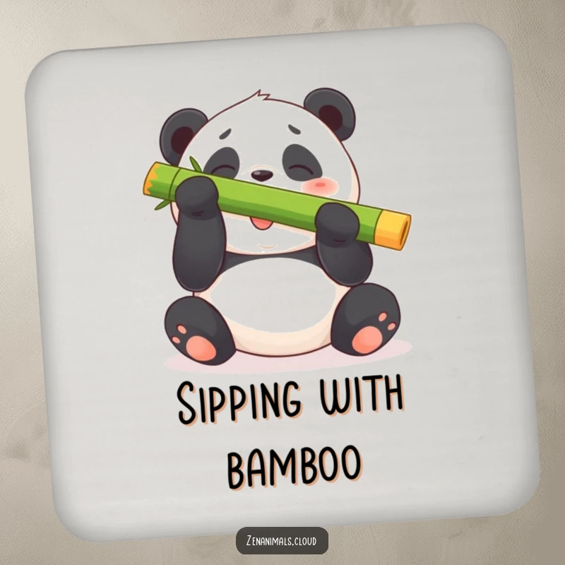 Funny panda bear drink coasters with a design of a plump bear giggling while balancing a large bamboo shoot on its nose.