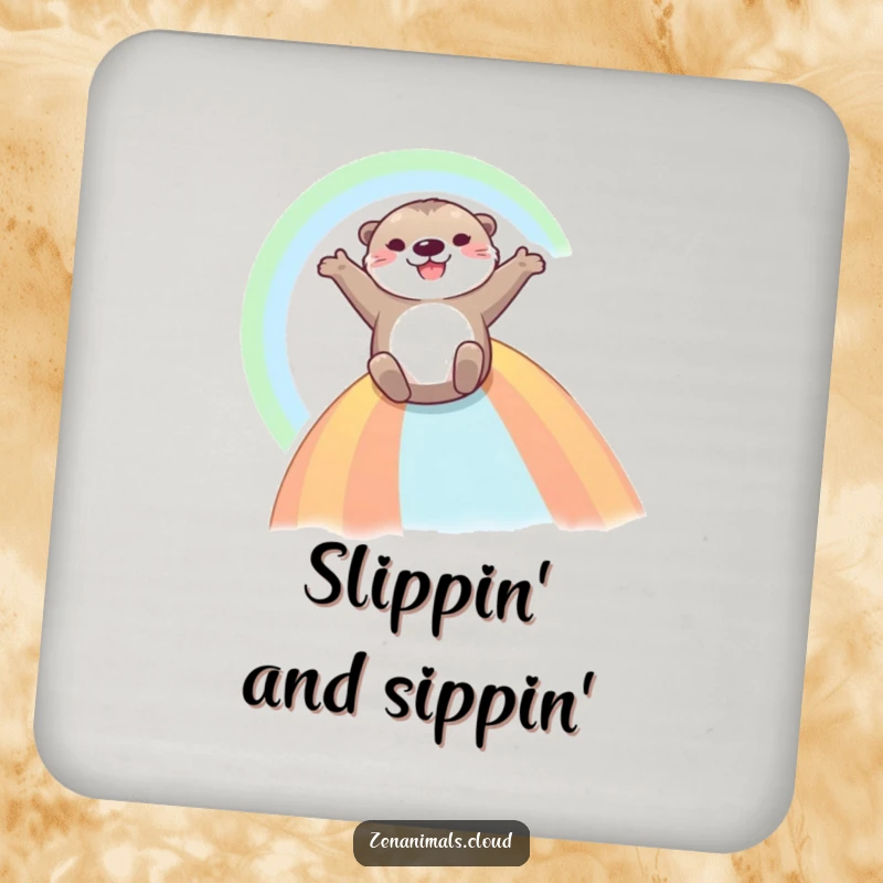 Funny Otter Coaster: A joyful otter slides down a rainbow, arms outstretched, protecting surfaces with playful and happy vibes.