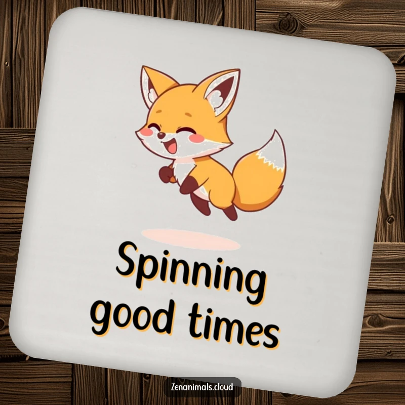Funny Coaster featuring a giggling fox chasing its tail in a circle, protecting surfaces with humor and playfulness.