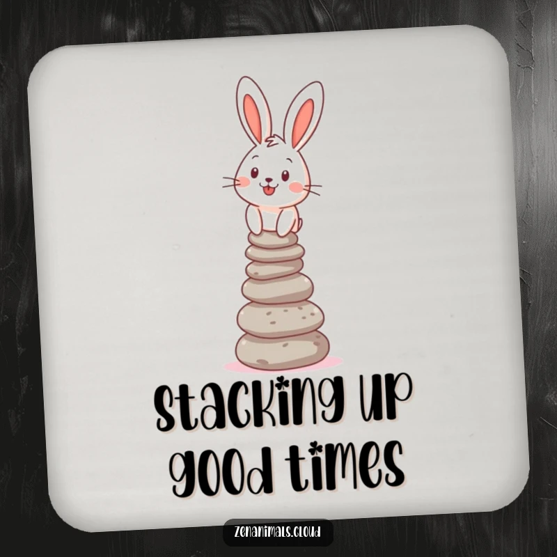 Funny Coaster featuring a cheerful bunny balancing a stack of pebbles, protecting surfaces with humor and charm.