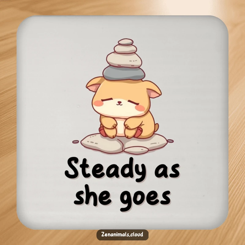 Funny sleepy animal coaster featuring a tired creature balancing small rocks on its head, adding a humorous touch to any table.