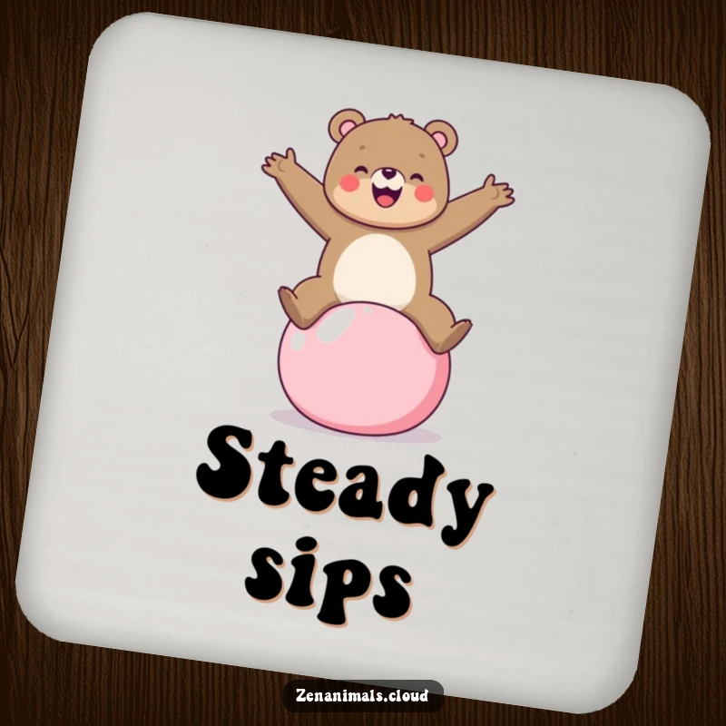 Funny bear balancing on a yoga ball coasters, a set providing cheerful protection and humorous decor.