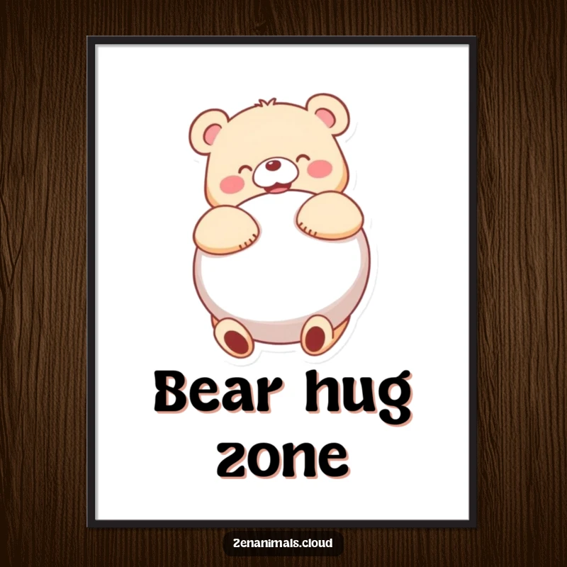 Funny bear character embracing a large round cushion with sheer delight, featured on this humorous poster.
