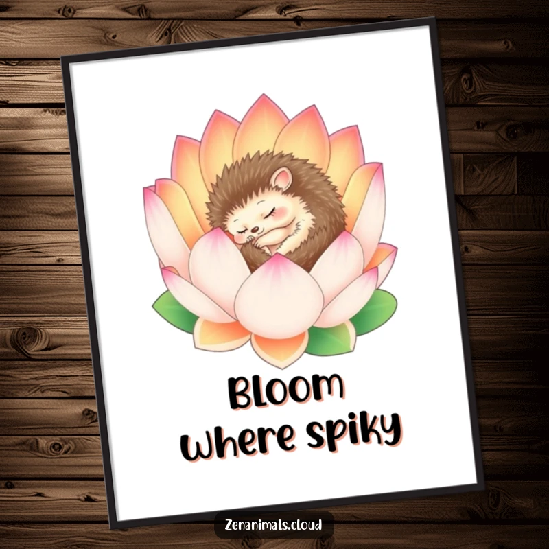 Funny Hedgehog Poster: A sleepy hedgehog rests peacefully inside a serene blooming lotus flower, creating a tranquil and calming visual.