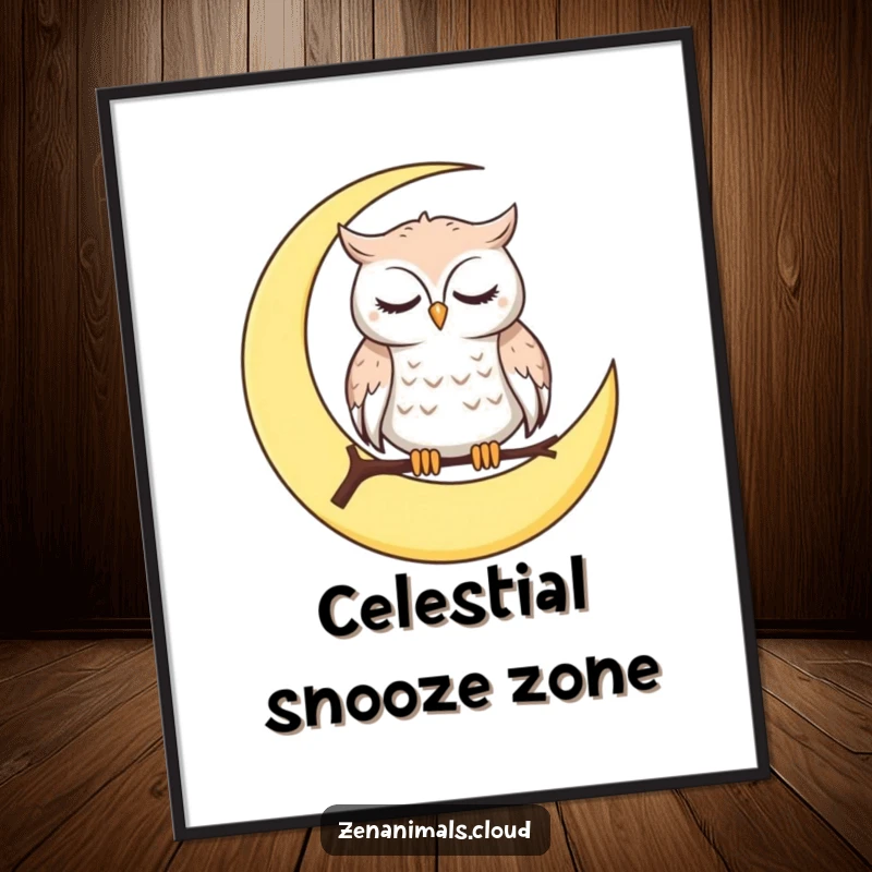 Funny Poster art of a calm owl on a crescent moon, blinking slowly, adding a serene and humorous touch to any wall.