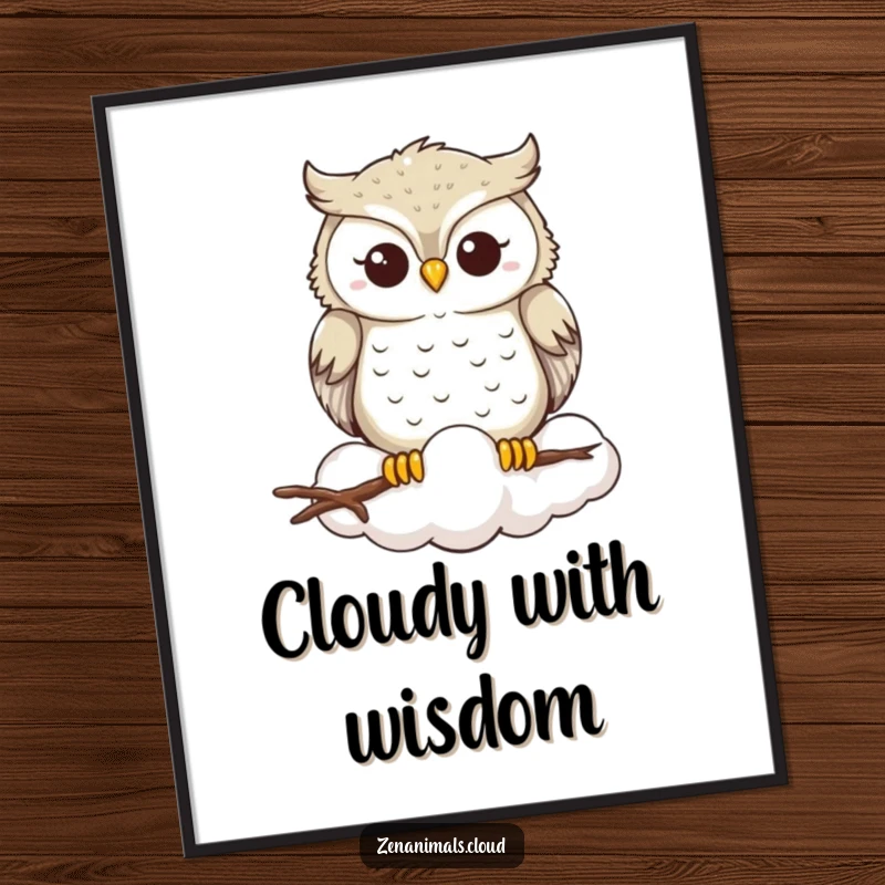 Funny Owl Poster: A wise owl smiles serenely from atop a wispy cloud, radiating peace and gentle humor, ideal for creating a tranquil atmosphere.
