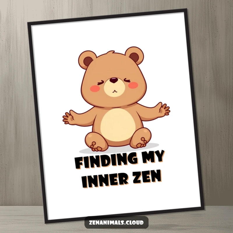 Funny poster art of a determined bear holding a difficult yoga pose with incredible focus and balance.