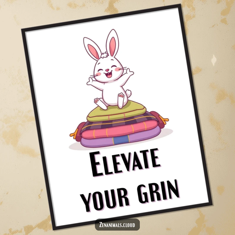 Funny poster illustrating a bouncy bunny with a grin, energetically leaping over colorful meditation cushions, conveying joy and lightness.