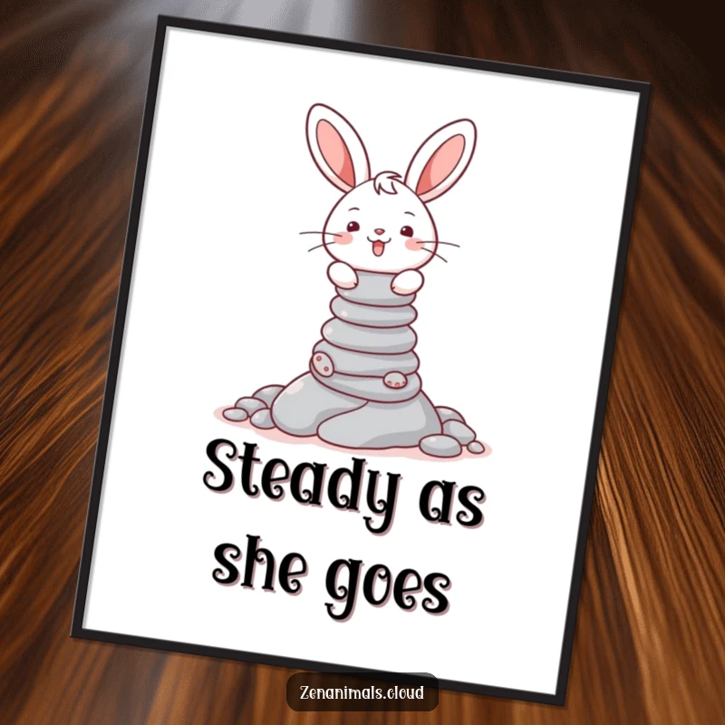 Funny poster art of a cheerful bunny balancing a tall, precarious stack of colorful pebbles with a happy expression.