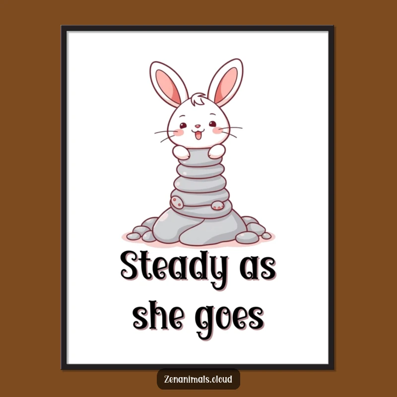 Funny Bunny Balance Poster - Cheerful Pebble Stacker Wall Art