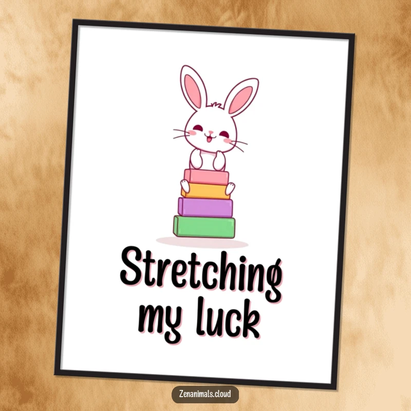 Funny bunny yoga poster print of a cheerful rabbit balancing yoga blocks, humorous wall art gift.