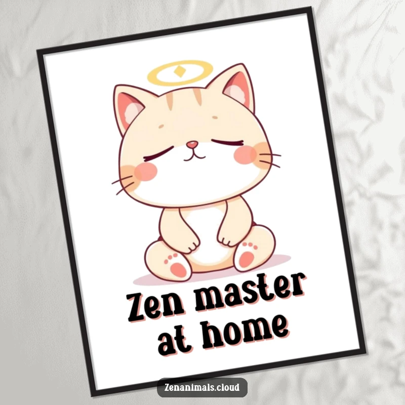 Funny cat meditation poster, artwork of a cat meditating with closed eyes and a halo, serene and humorous.