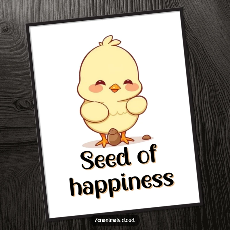 Funny chick character gently pecking a tiny seed with a soft smile, featured on this humorous poster.