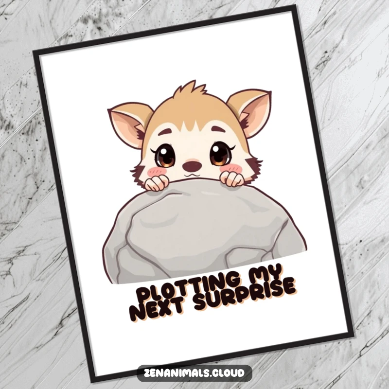 Funny curious animal poster of a creature peering over a rock with a wide-eyed, surprised expression, adding a touch of wonder to any room.