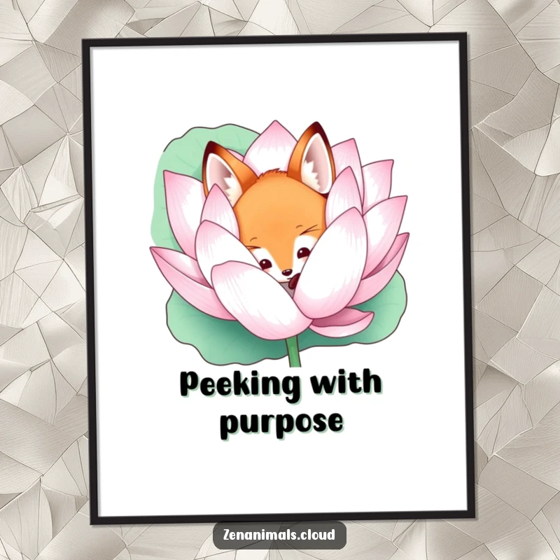 Funny curious fox peeking from behind a giant lotus flower poster, creating mystical and enchanting wall art.
