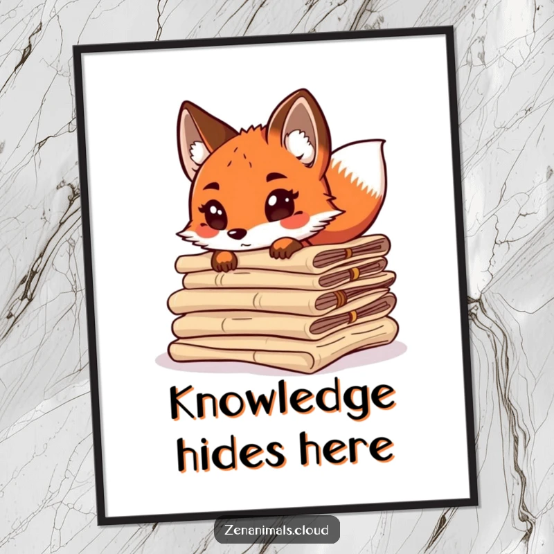 Funny curious fox peeking from behind ancient scrolls, tail wagging, vintage-inspired art print for wall decor.