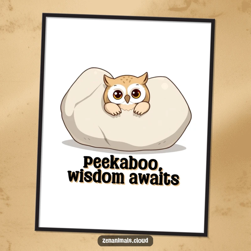 Funny Owl Poster: A curious owl peeking out from behind a large, smooth stone, adding mystery and wisdom to decor.