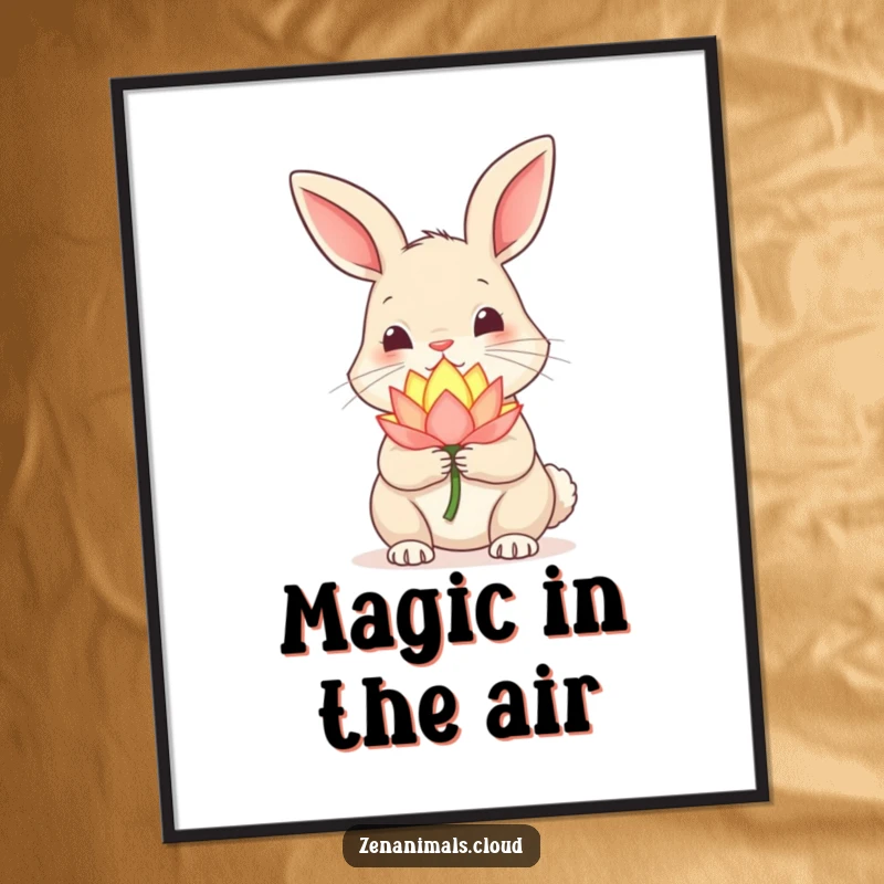 Funny Rabbit Poster: Curious rabbit holding a glowing lotus flower, nose twitching, a magical art print.