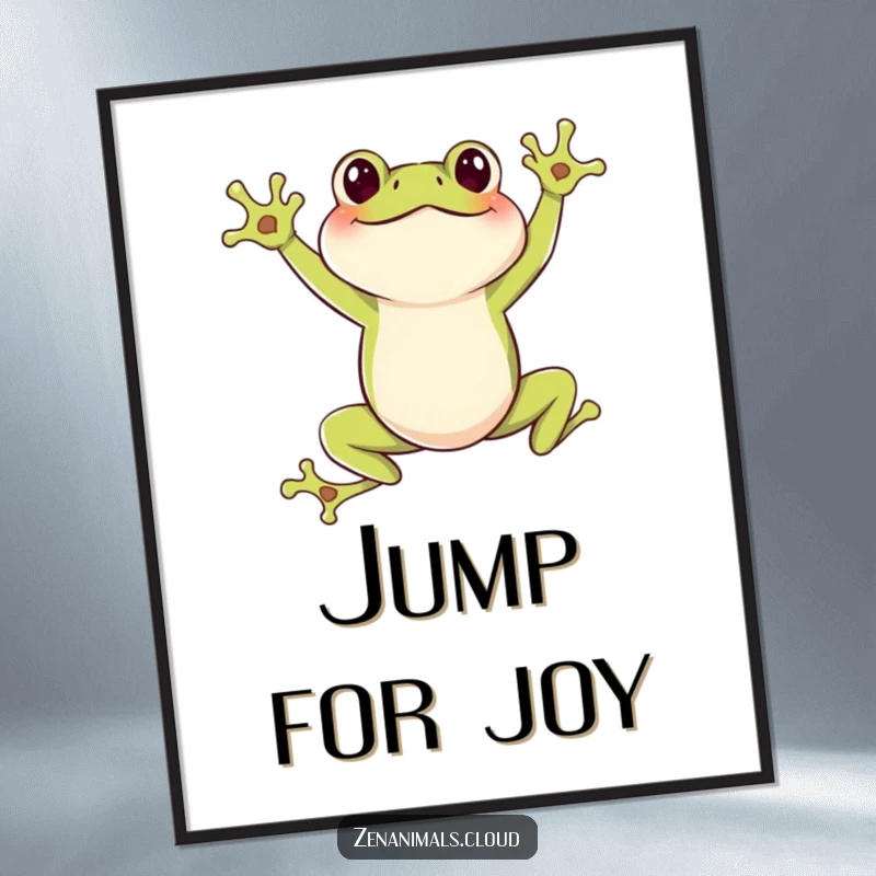 Funny Frog Poster: A humorous poster of a joyful frog in a dynamic leaping pose, perfect for adding energy and fun to decor.