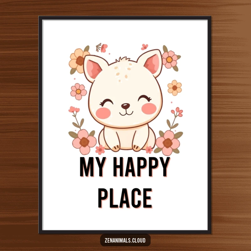 Funny poster art of a blissful happy animal with a serene smile, framed by subtle, beautiful floral elements for a cheerful ambiance.