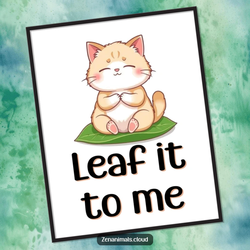 Funny Poster featuring a round, fluffy cat meditating peacefully on a leaf, adding a touch of humor to wall decor.