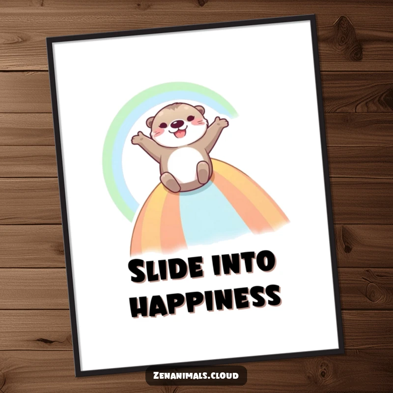 Funny Otter Poster: A joyous otter is depicted mid-slide down a brilliant rainbow, arms out, radiating pure, exhilarating fun and happiness.