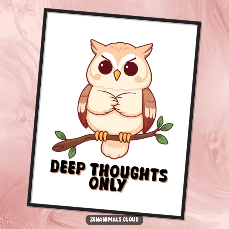 Funny owl poster print of a serene owl contemplating, intellectual and humorous wall art gift.