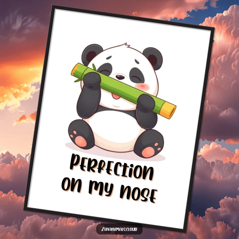Funny panda bear poster showing a plump bear giggling while balancing a large bamboo shoot on its nose.