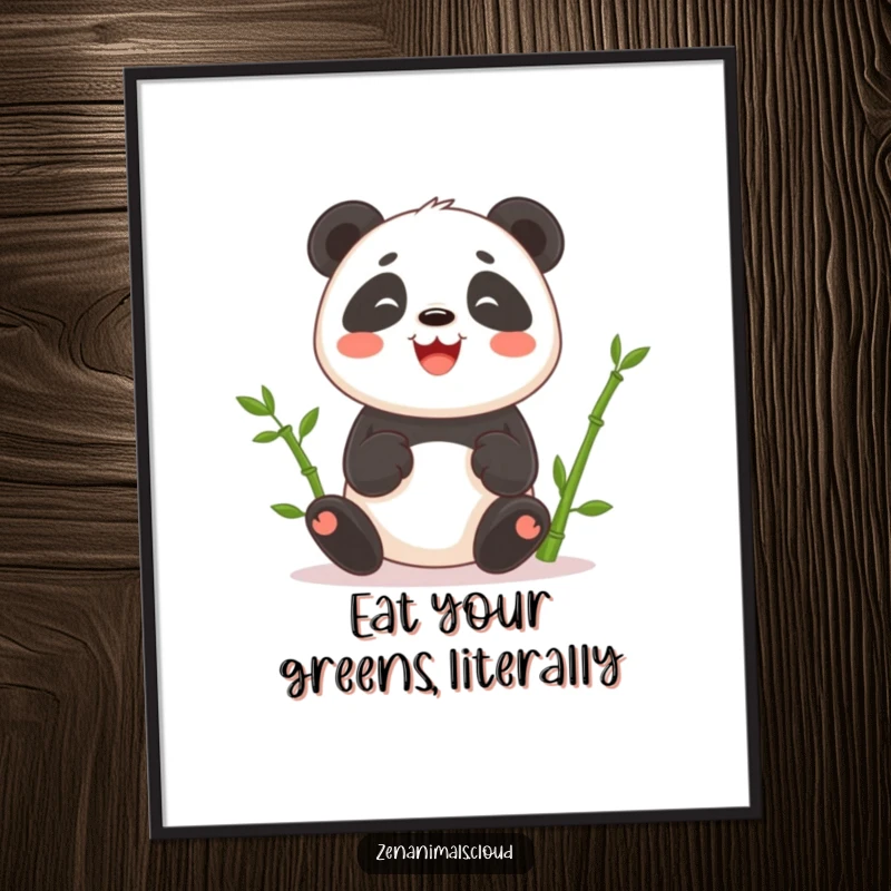 Funny poster of a cheerful panda energetically juggling fresh bamboo shoots, adding a touch of humor to walls.