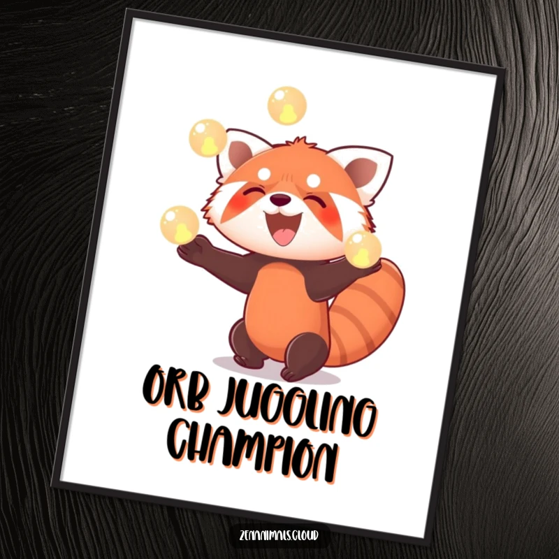 Funny red panda poster showing a red panda enthusiastically juggling three glowing orbs with a wide, cheerful smile.