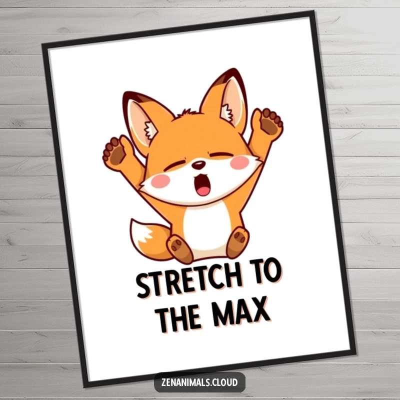 Funny Fox Poster: A sleepy fox yawning widely and stretching its arms upwards, adding relatable humor to wall decor.