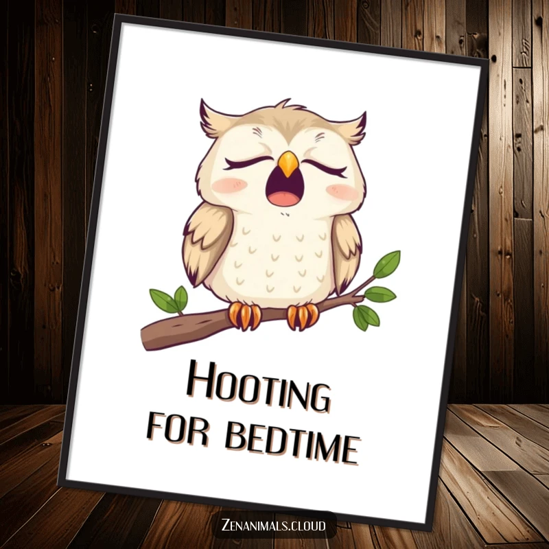 Funny Poster featuring a sleepy owl yawning widely on a branch, adding humorous relatability to wall decor.