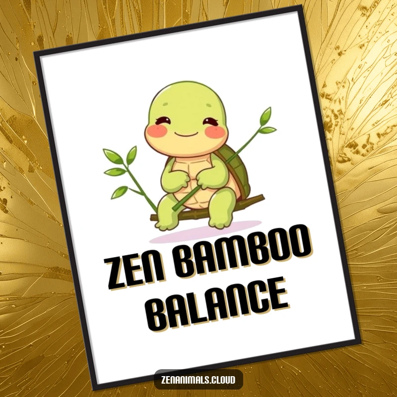 Funny Turtle Poster: A giggling turtle balances a tiny bamboo shoot, radiating patient joy and gentle humor, ideal for creating a calm and cheerful space.