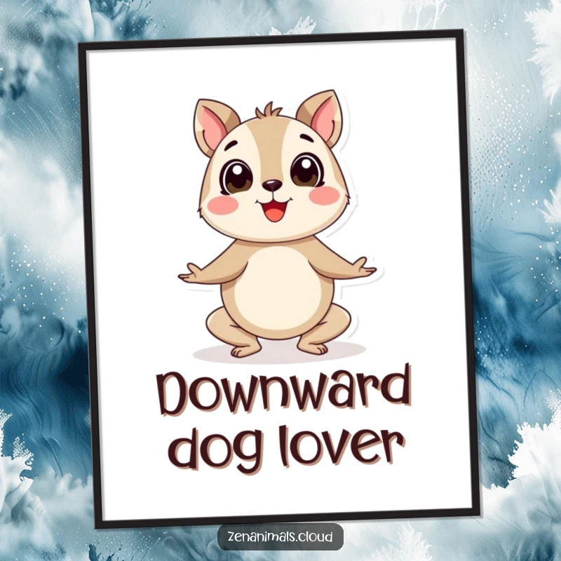 Funny yoga animal poster featuring a round, happy creature in an enthusiastic yoga pose, perfect for inspiring a lively and active environment.