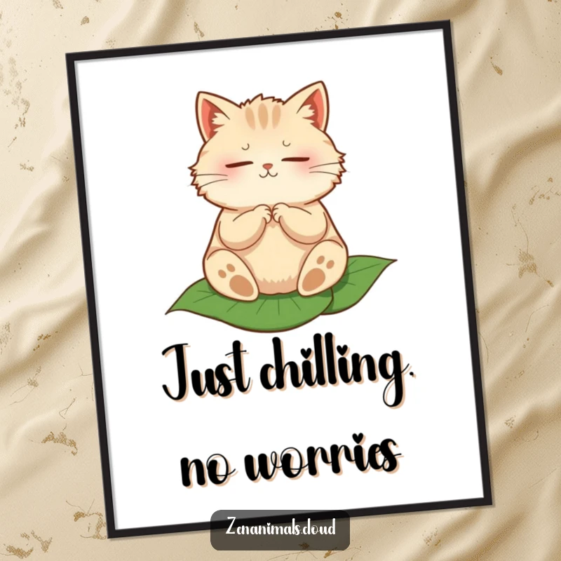 Funny poster art of a round, fluffy cat meditating peacefully on a leaf, inspiring tranquility.