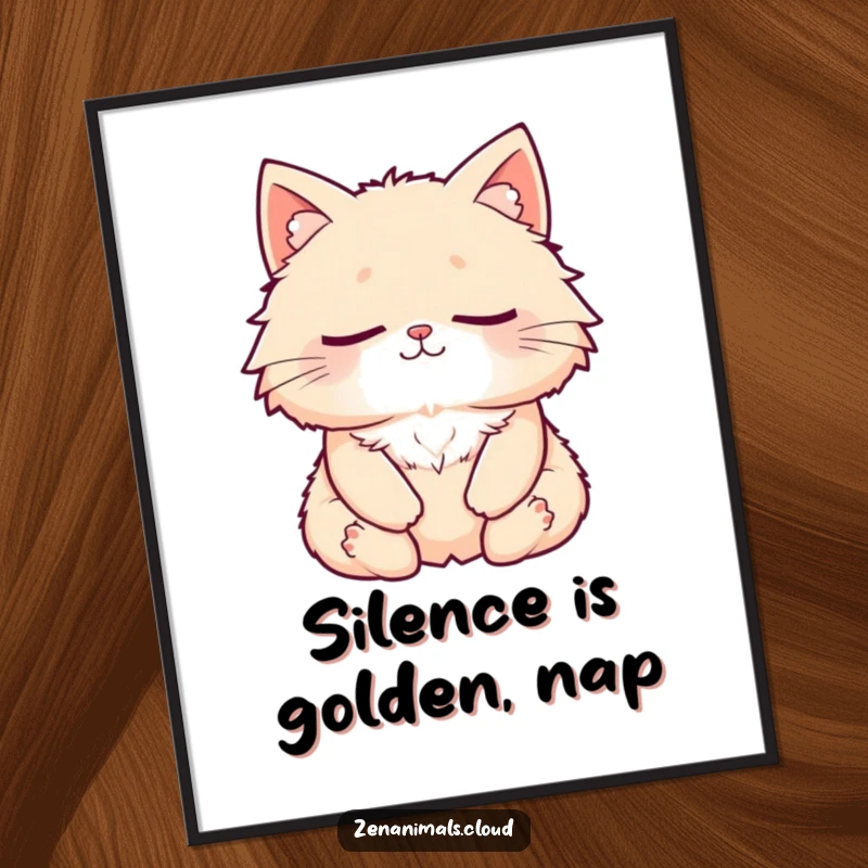 Funny Cat Poster: A fluffy cat meditating peacefully, eyes closed, with a subtle smile, adding humor and zen to wall decor.