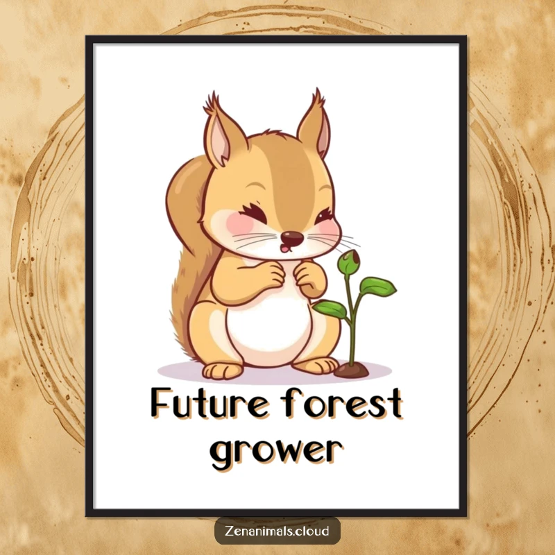 Funny Squirrel Poster: A humorous poster of a curious squirrel examining a tiny sprout, perfect for adding a touch of nature and intrigue.