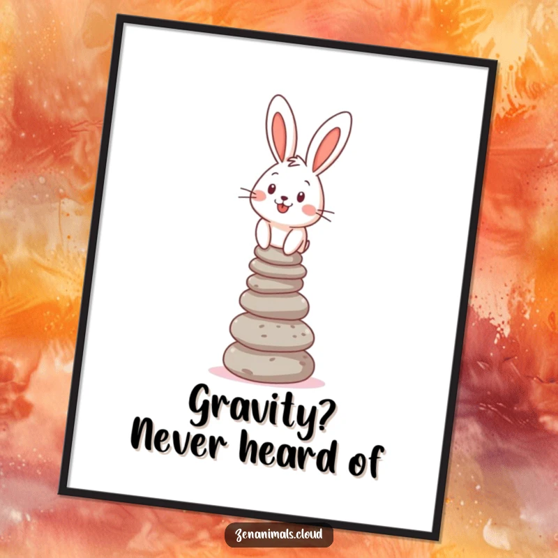 Funny Poster featuring a cheerful bunny balancing a tall stack of pebbles, adding humor and charm to wall decor.