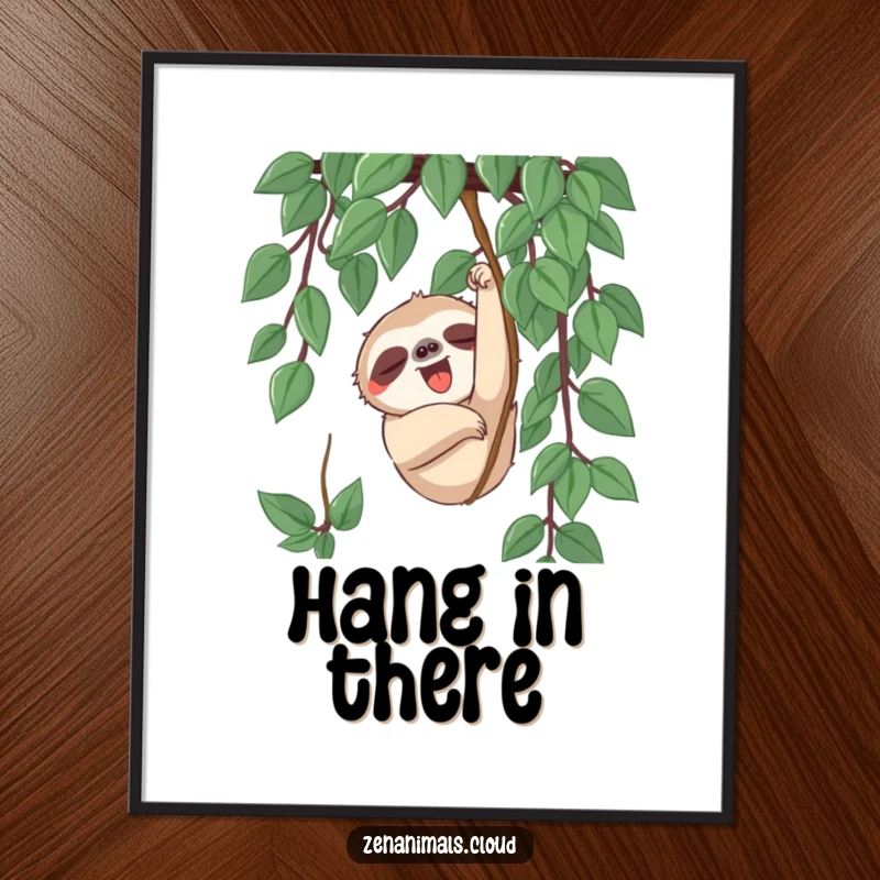 Funny sloth character slowly reaching for a hanging vine with a yawn, featured on this humorous poster.