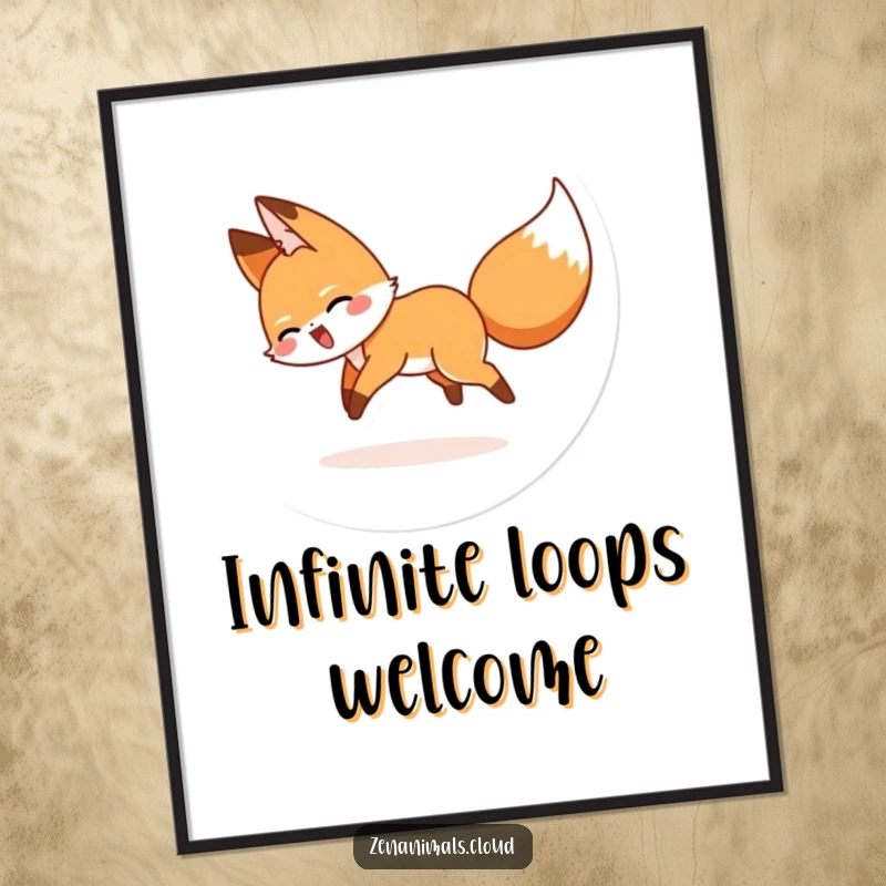 Funny poster featuring a vibrant illustration of a fox in a comical, dizzying pursuit of its own tail.