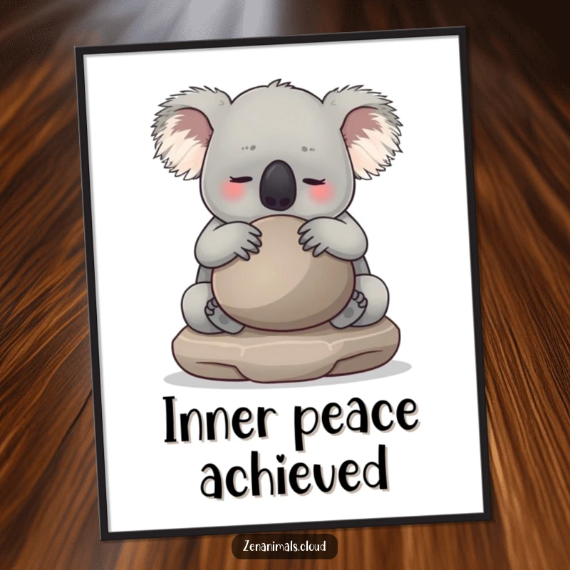 Funny koala art print of a calm koala hugging a smooth, round meditation stone. Inspiring zen and humor for wall decor.