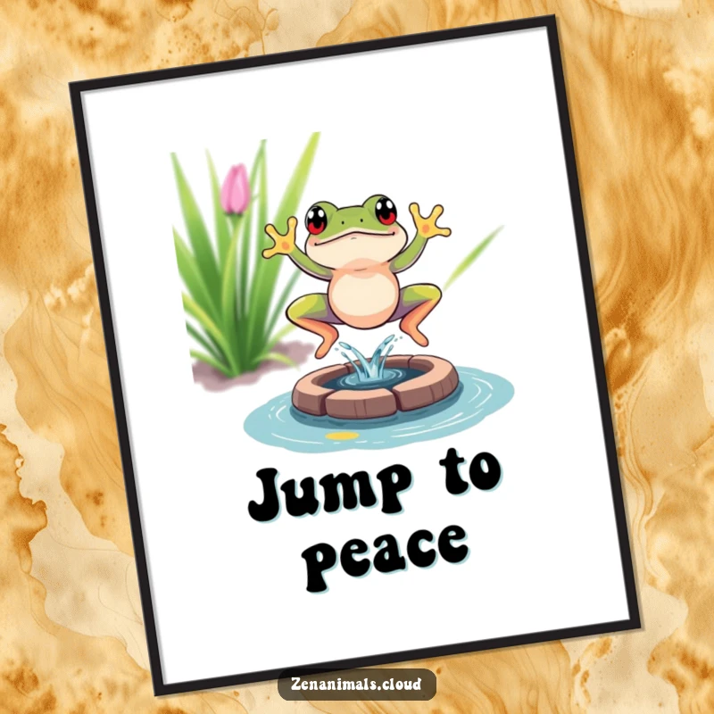 Funny frog meditation poster art showing a vibrant frog leaping into a pond with a splash, a whimsical and humorous wall decoration.