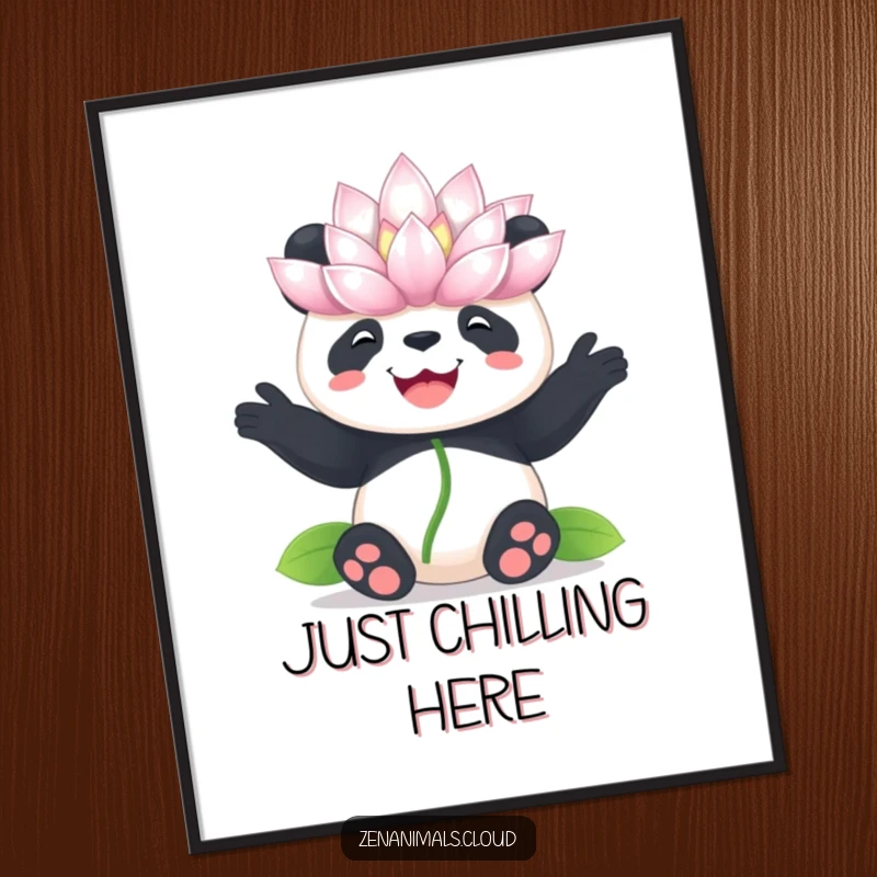 Funny panda lotus poster, artwork of a panda balancing a lotus flower on its nose, serene and humorous.