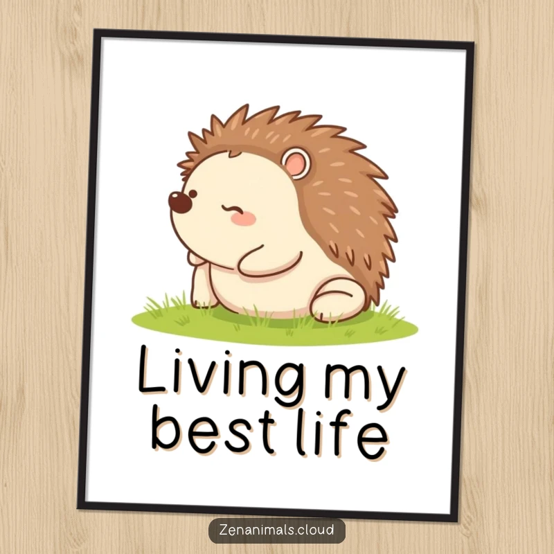 Funny poster of a happy hedgehog rolling on its back, adding a dose of cute and humorous charm to any room.