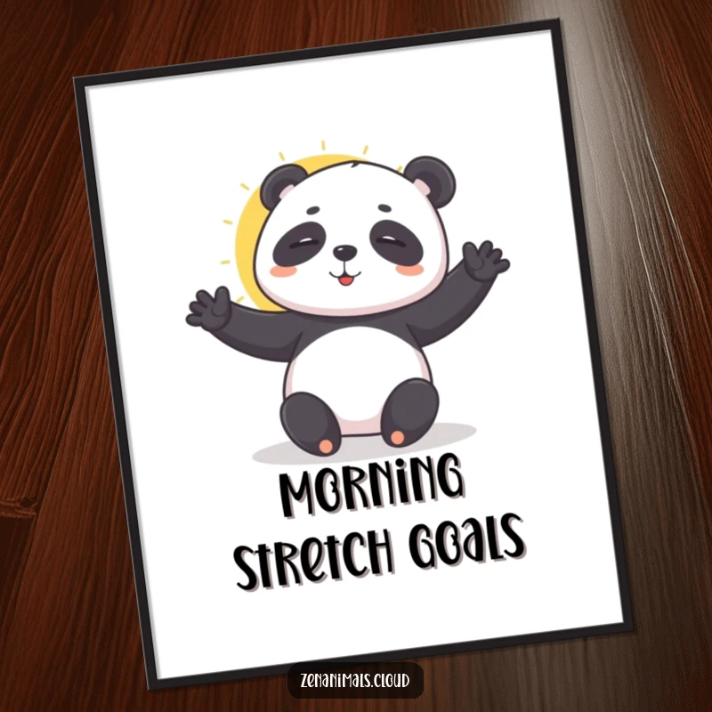 Funny playful panda doing a sun salutation poster, adding gentle zen and humor to wall decor.